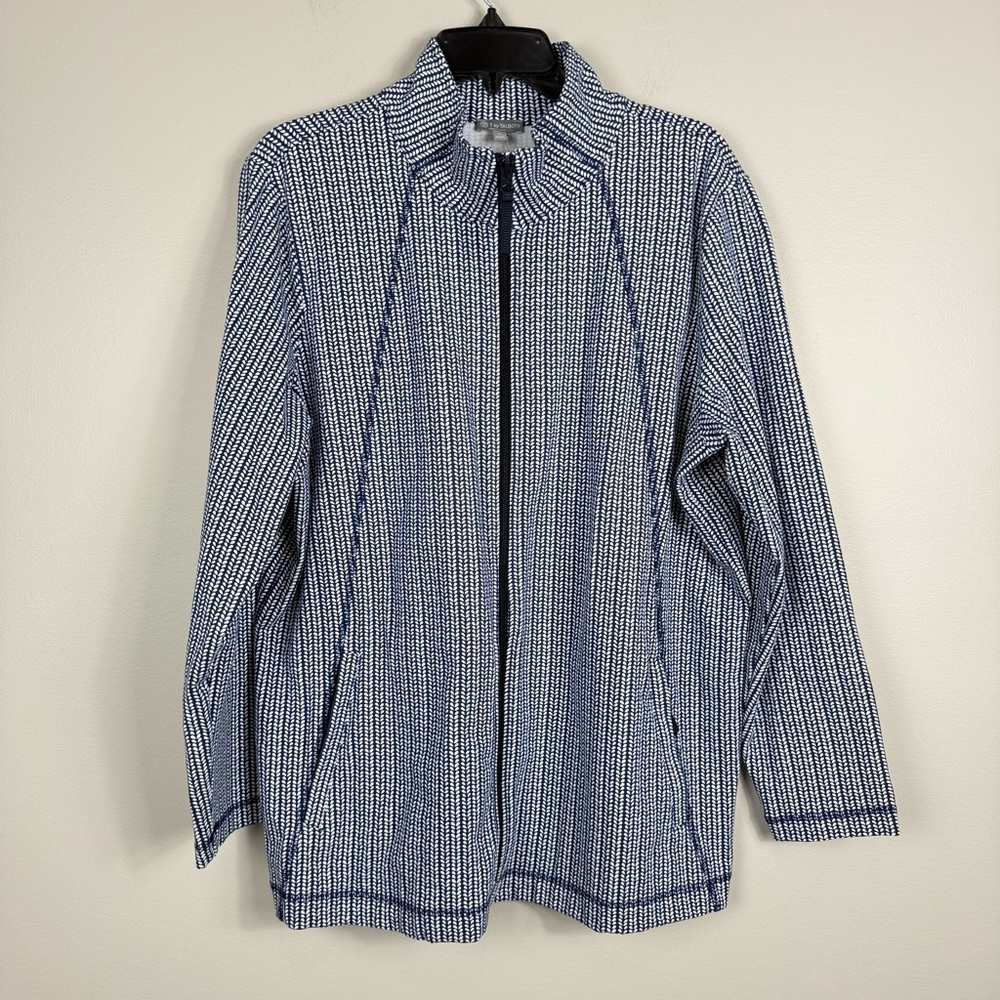 Talbots Full Zip Jacket Womens 1X White Blue Geometric Nautical Athletic Preppy